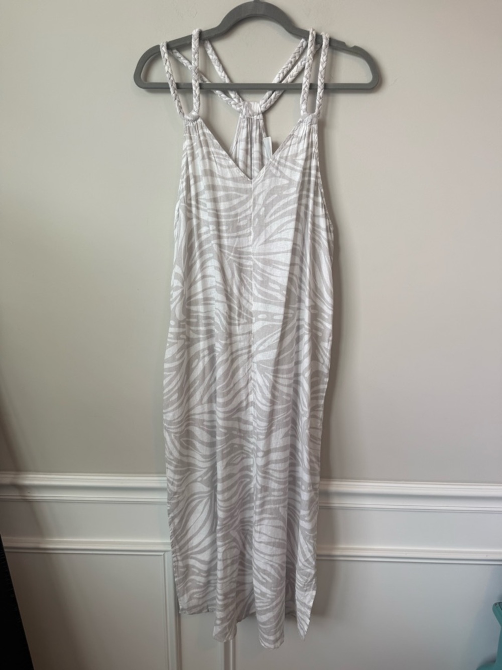 Rachel Zoe Gray / white Zebra-Print resort Maxi Dress Braided Straps size large